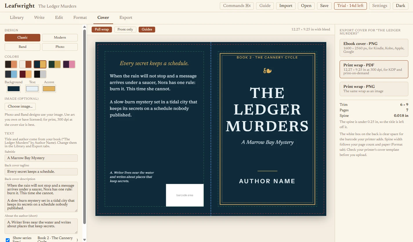 The cover designer showing a full print wrap with front, spine and back cover, and export buttons