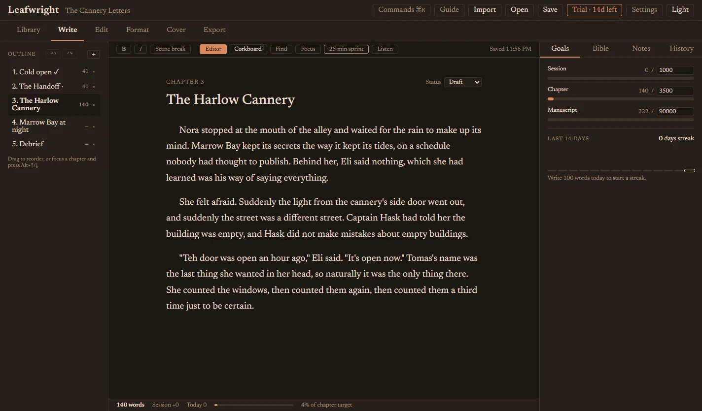 The writing view in dark mode
