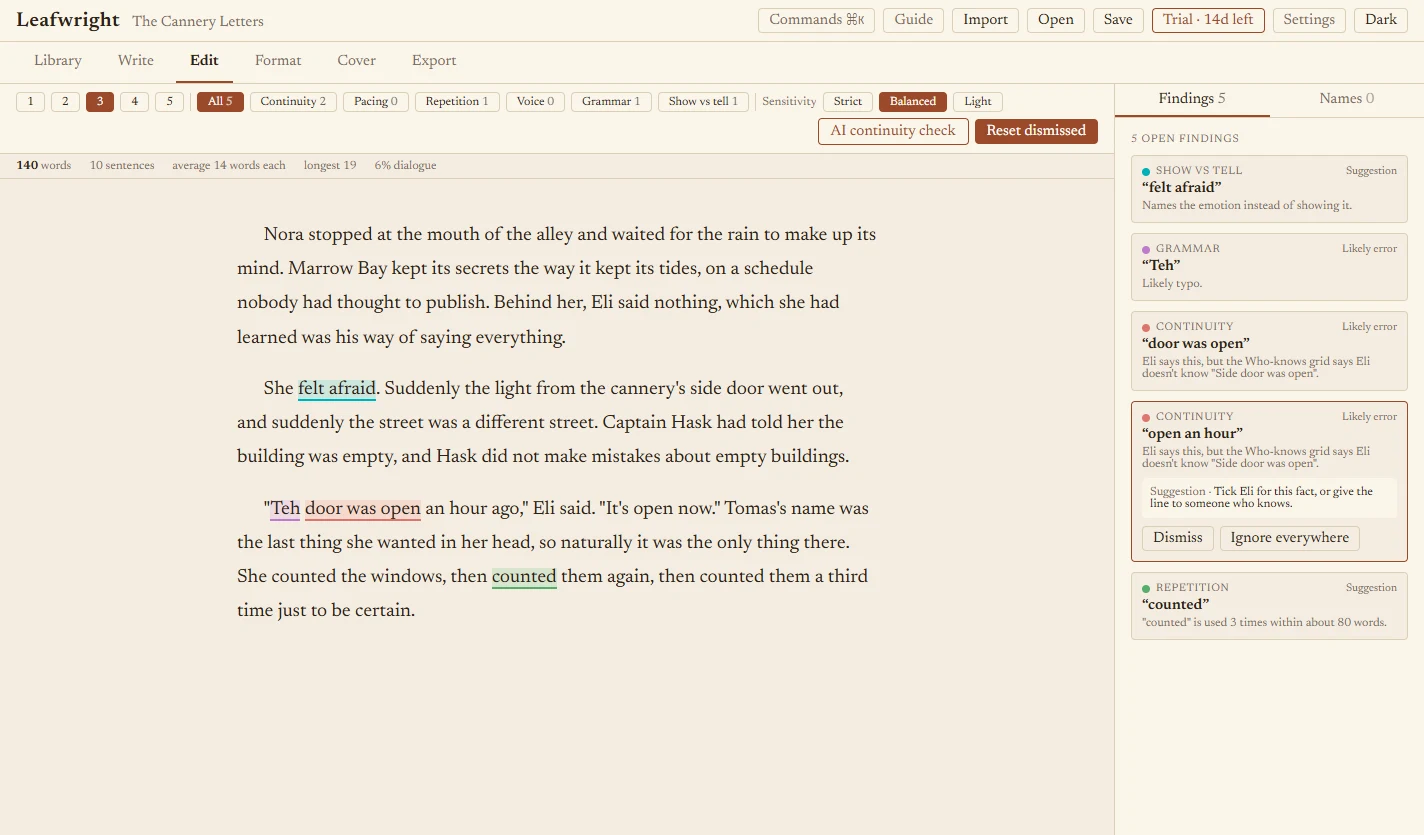 The editing pass highlighting a typo, a continuity problem and a telling line, with sensitivity controls and the findings panel
