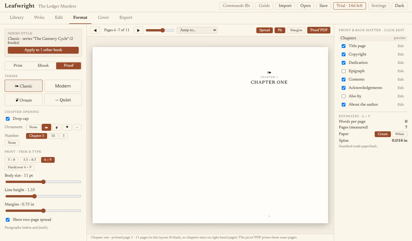Proof view showing a two-page spread with a chapter opening, and the copyright page editor on the right