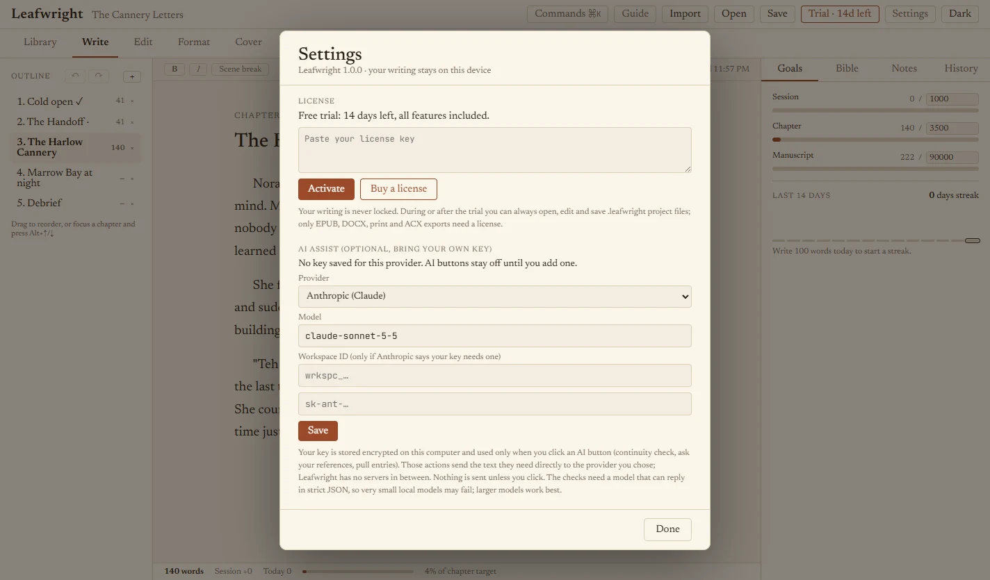 Settings showing the license box and the AI provider choice with Anthropic, OpenAI, Google Gemini and a custom endpoint