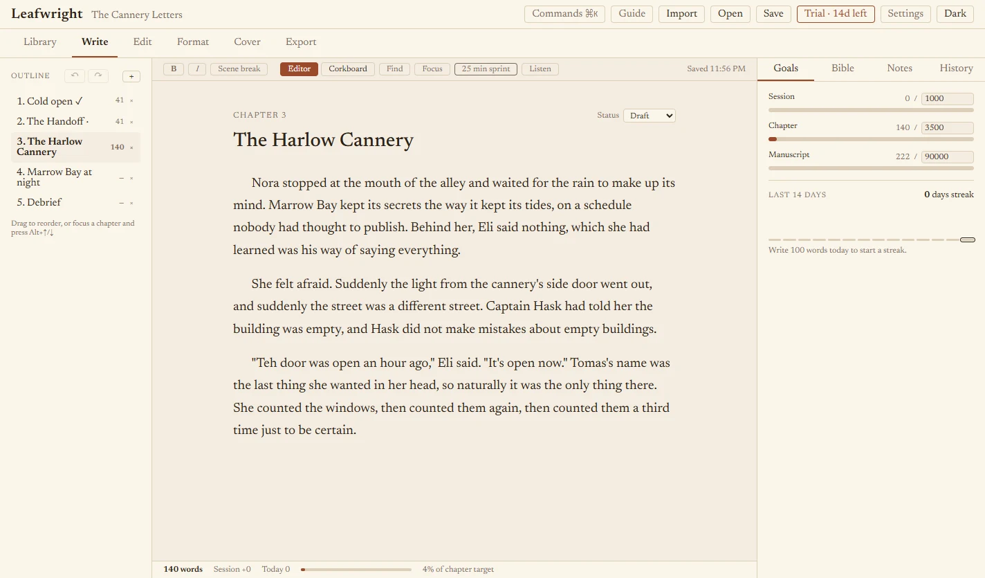 Sheafpress's writing view: chapter outline on the left, the manuscript in the middle, word goals on the right